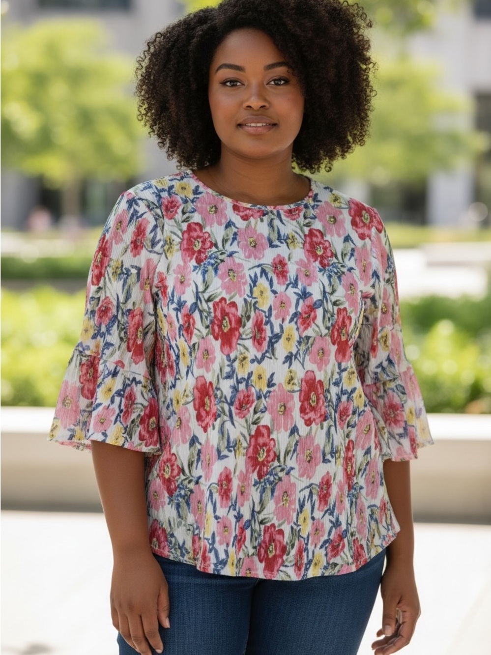 CURE. Textured Floral Bell-Sleeve Blouse in Pink